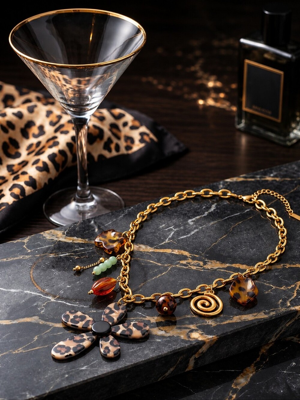 Leopard Print Flower Charm Necklace Mob Wife Maximalist 18K Gold Plated 19" - Picture 5 of 14